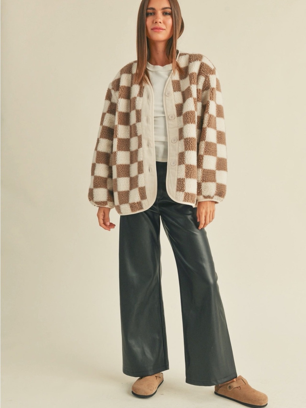 Miou Muse | Checkerboard Teddy Jacket in Brown & Cream